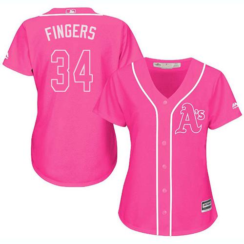Athletics #34 Rollie Fingers Pink Fashion Women's Stitched MLB Jersey